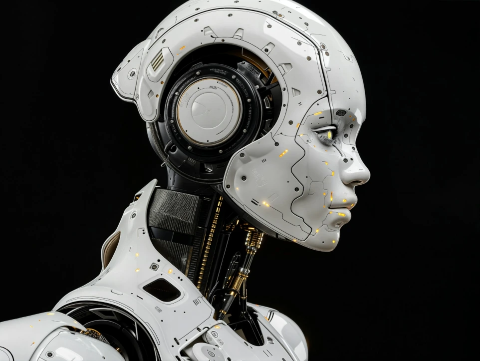 A white robot is standing in front of a black background